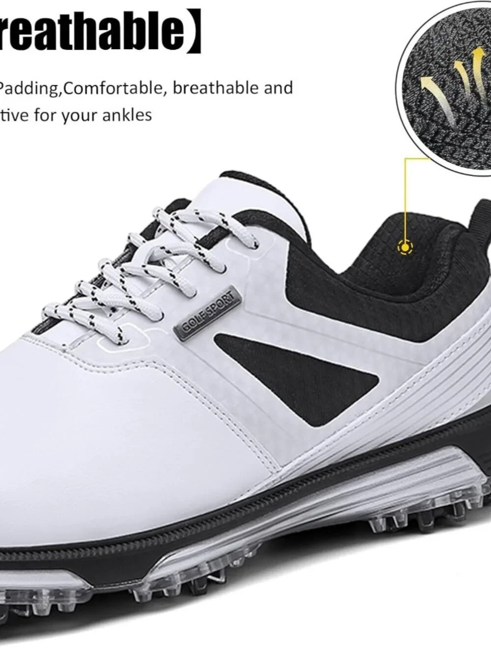 Men's White Golf Shoes Fixed Nail less Sole Waterproof Lightweight No-Slip